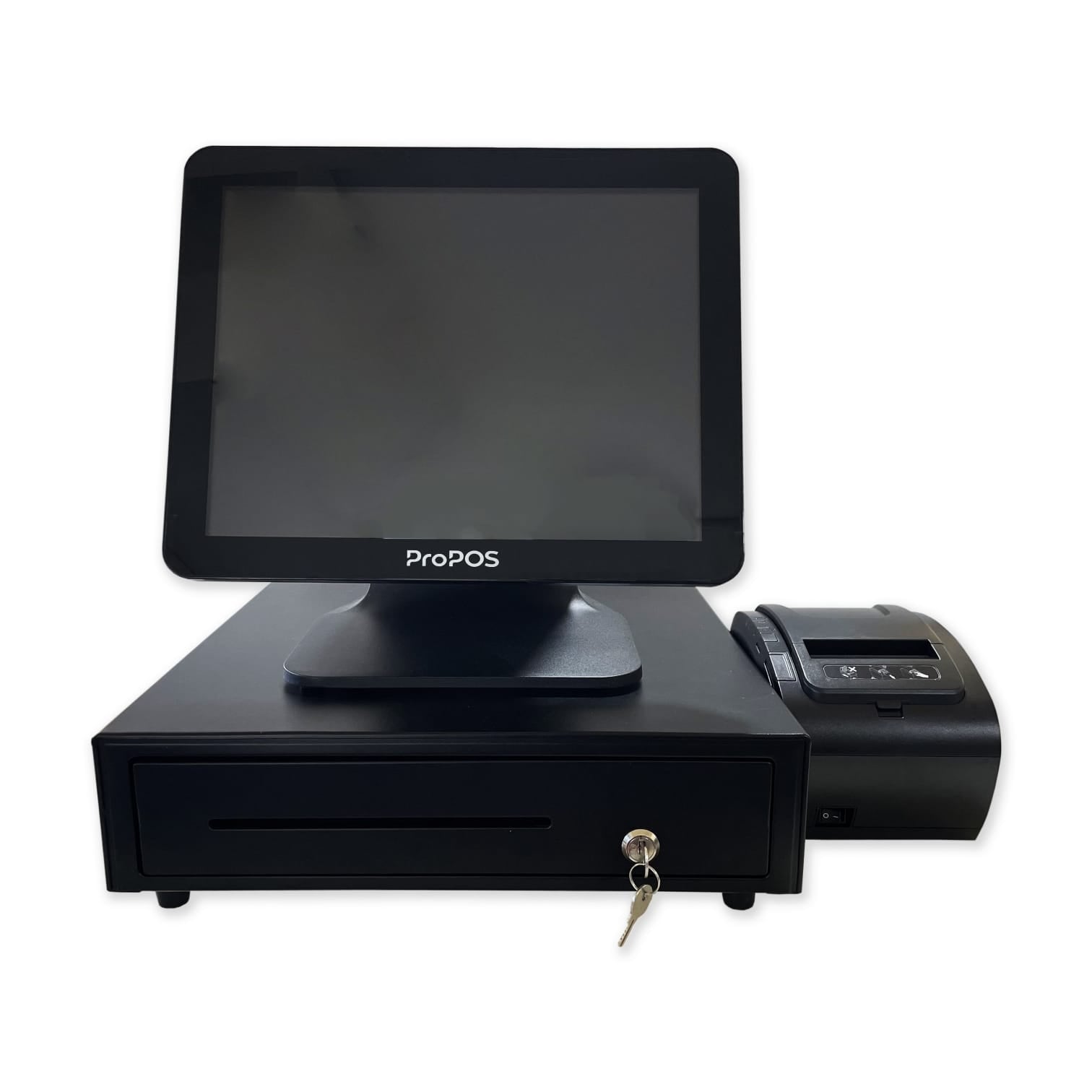 A black ProPOS Sonix POS machine with a touch screen, cash drawer, and receipt printer